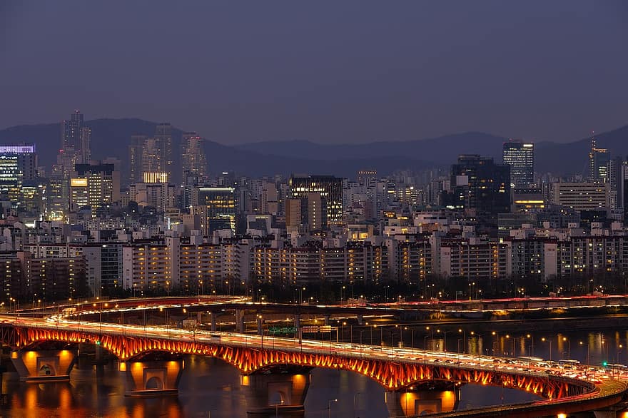 híd, épületek, éjszakai kilátás, folyó, lakások, ég, Gangnam, Koreai Köztársaság, éjszaka, városkép, szürkület