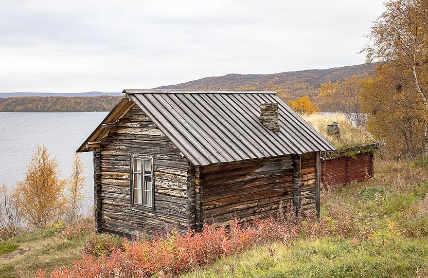 cabaña, lago, otoño, campo, casa, casa de madera, Ruska, utsjoki, Laponia