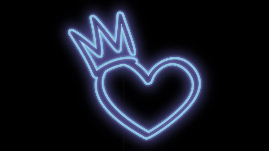 hjärta, neon, drottning, symbol, blå, hjärtformad, elektricitet, lysande, ljus, svart bakgrund, skinande