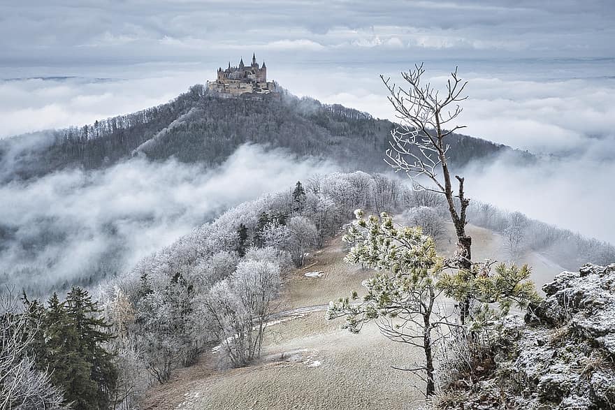 kastély, dér, jeges, Hohenzollern, Németország, középkorú, történelmi, téli