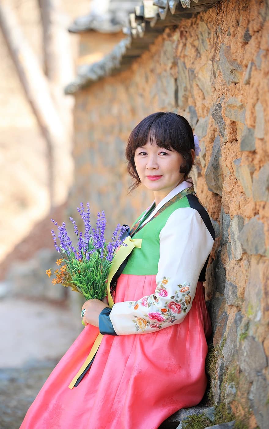 femme, mode, hanbok, vêtements traditionnels, habits traditionnels, belle, pose, modèle, fleurs, portrait, hanok