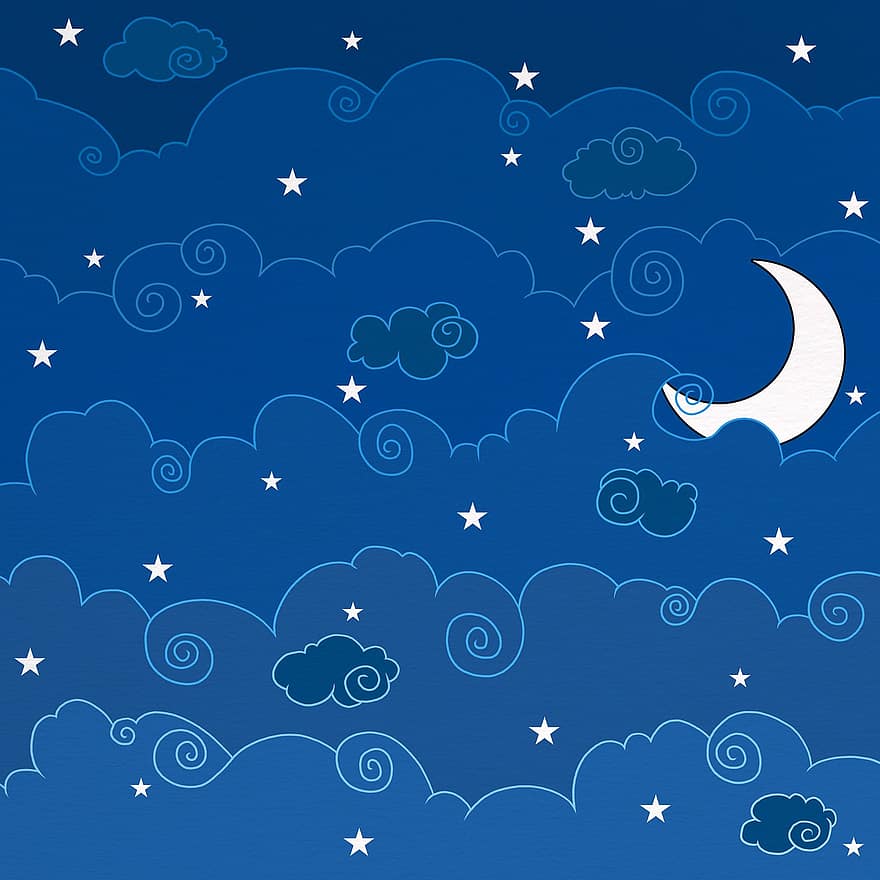 cel, nit, lluna, núvols, creixent, lluna creixent, Doodle, dibuix de línia, dibuixat a mà, dibuixos animats, cel blau