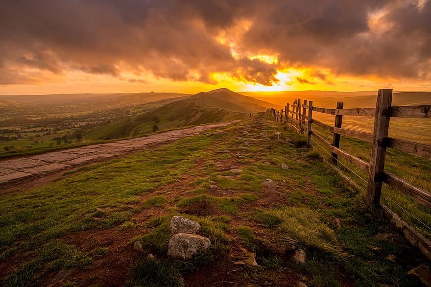 Hill, Wooden Fence, Sunset, Sunrise, Fence, Ridge, Peak, Stone Path, Golden Hour, Landscape, Countryside