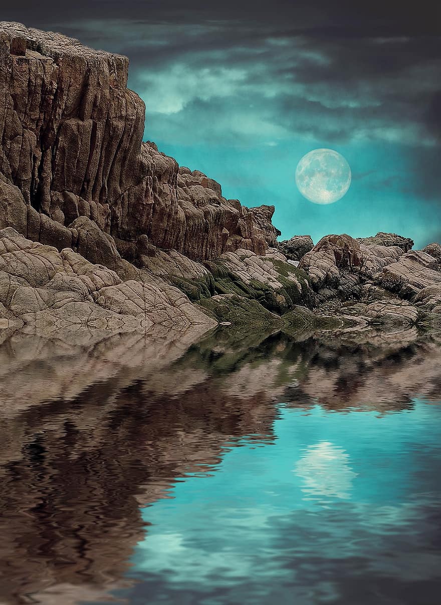 la nature, réflexion, eau, clair de lune, pleine lune, pierre, ambiance, sombre, paysage, nuit, bleu