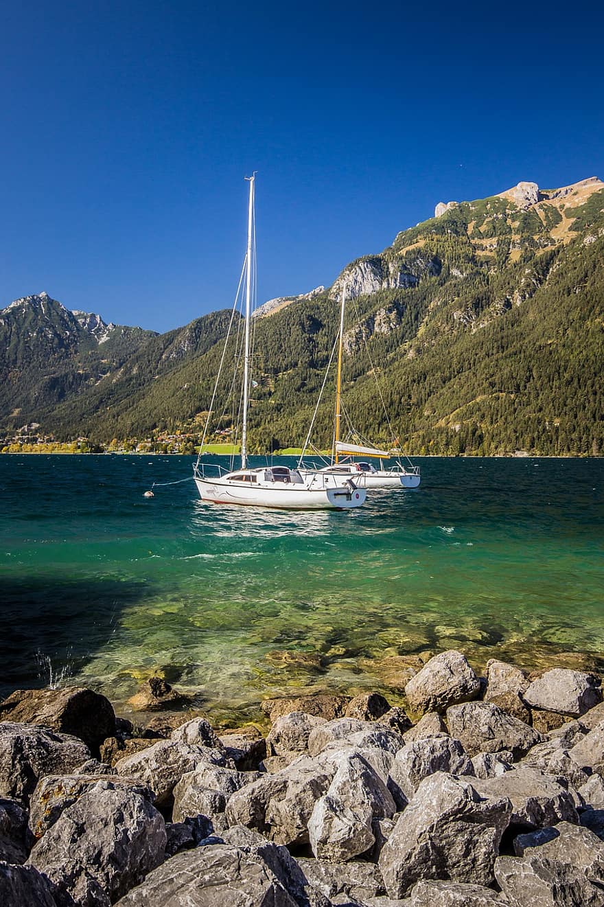 barcă, lac, natură, călătorie, explorare, în aer liber, Seeblick, Steine, Segelboot, berge, Alpen