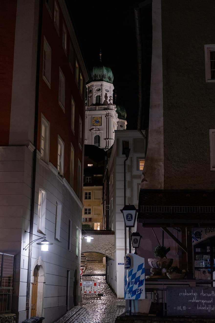 Passau, 돔, 탑, 교회에, 골목, 이브, 어두운, 바이에른