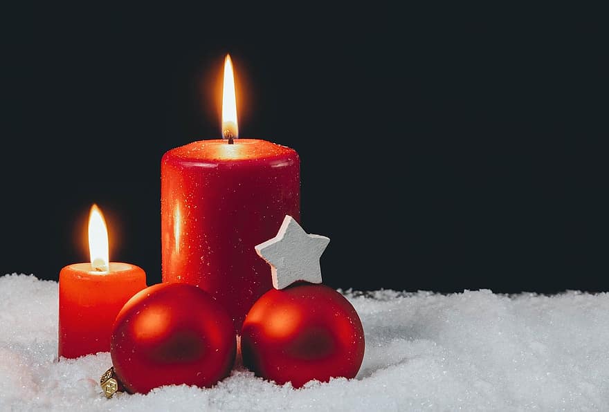 Nadal, espelmes, boles de Nadal, ornament, neu, hivern, gel, decoració, bauble, estrella, advent