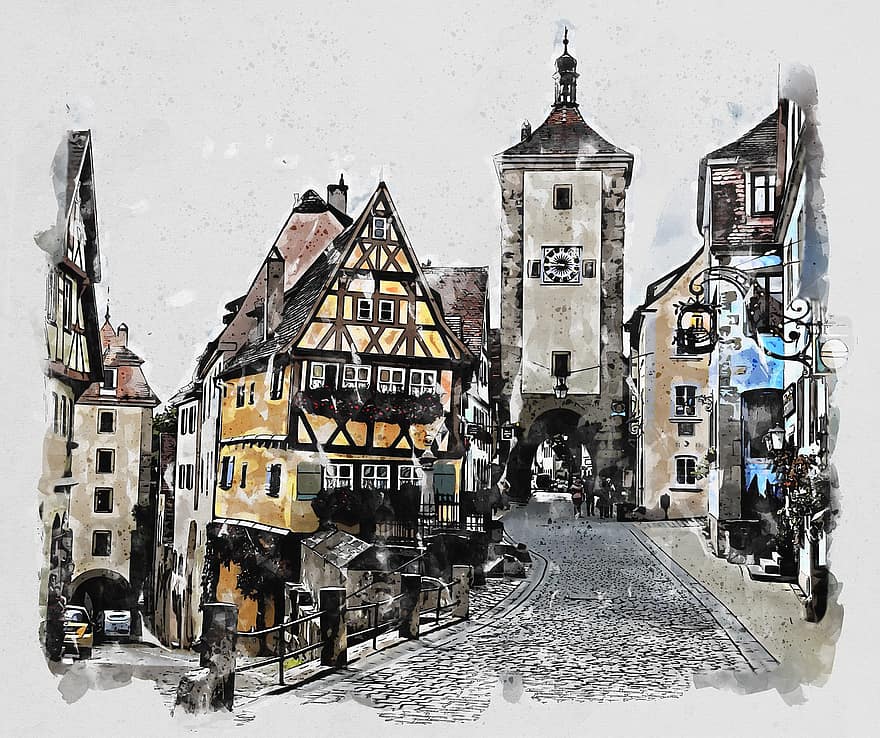 belváros, épületek, út, építészet, Rothenburg, történelmileg, idegenforgalom, régi, Németország, fotóművészet