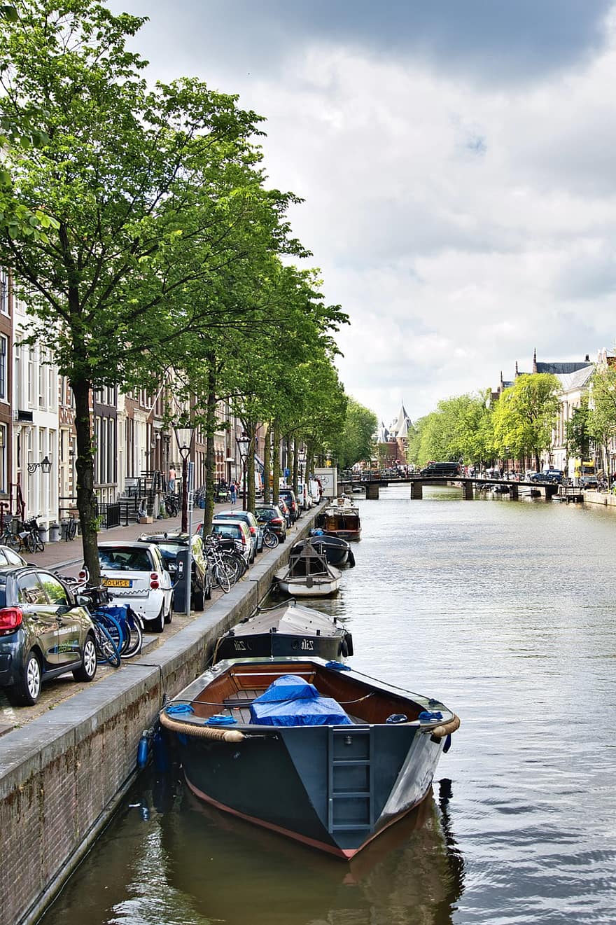 båt, kanal, amsterdam, marin-, stadsbild