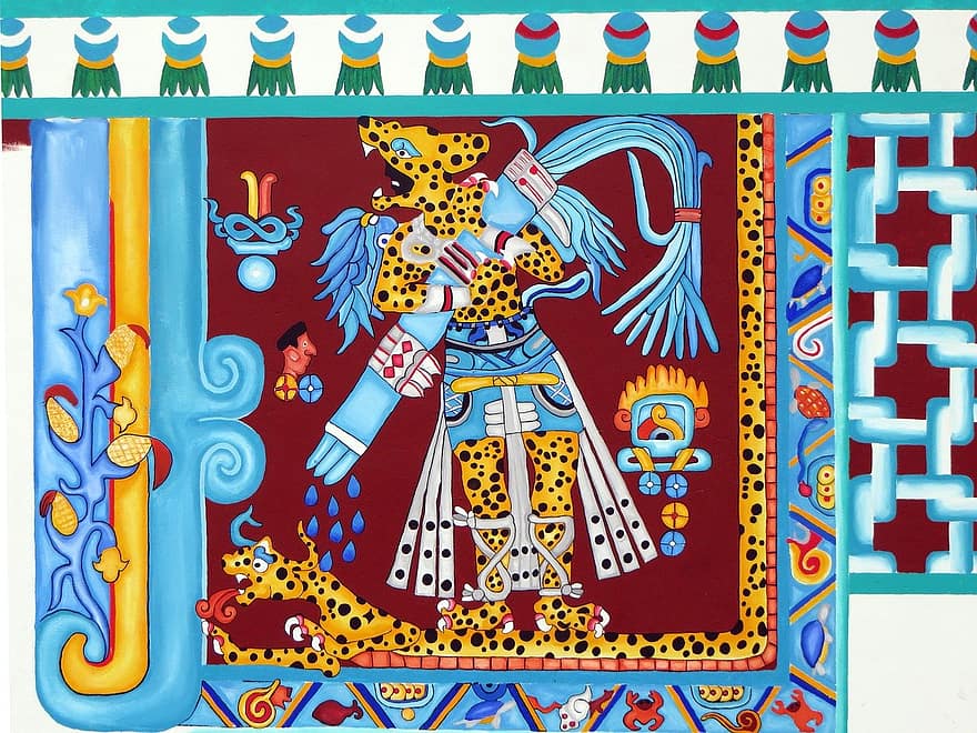 Mexico, Puebla, vægmaleri, etnisk, aztec, dekoration, kunst