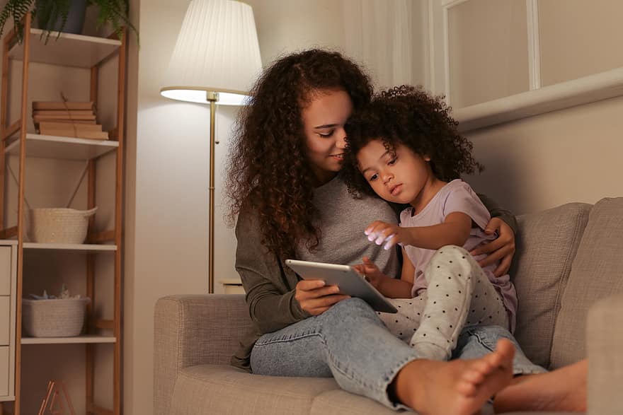 mother, daughter, reading, black, child, home, storytime, indoors, girl, together, parent