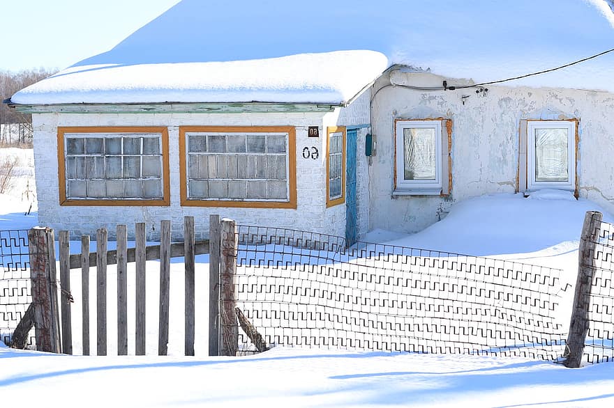 Casa, la neve, inverno, recinto, cumulo di neve, siepe, villaggio, freddo, snowscape, legna, architettura