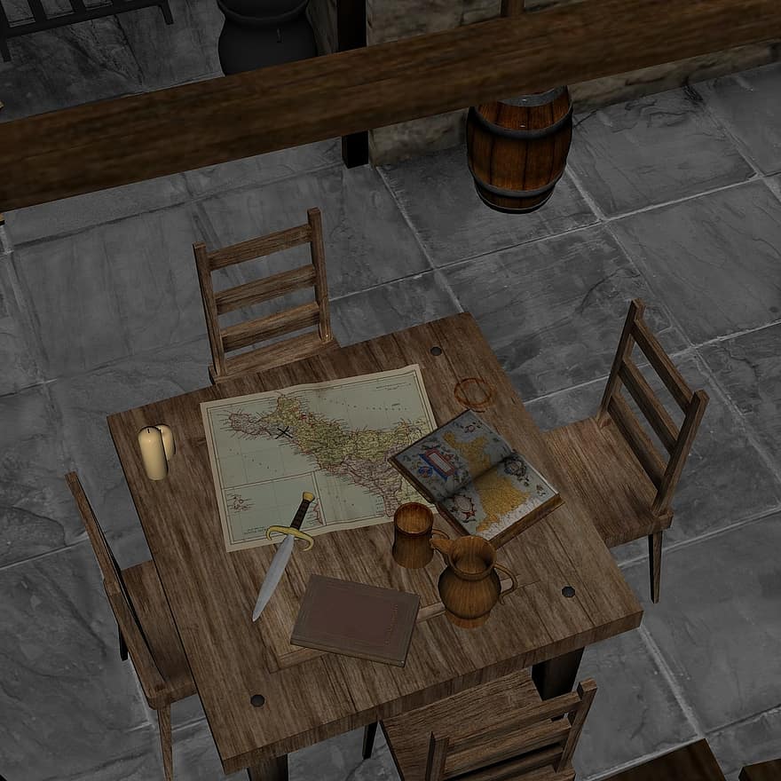 kart, Raiders Nest, middelalderen, bord, stuhl, fra middelalderen, stearinlys, fjær, tre, saker, historisk