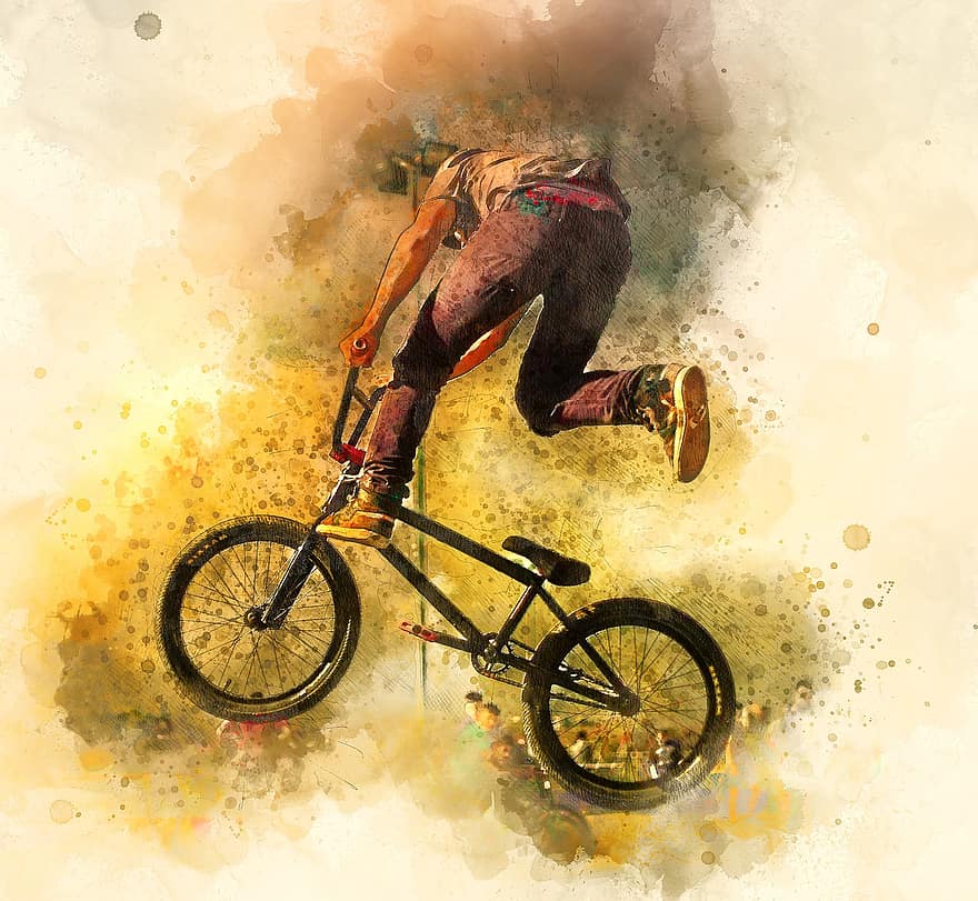 Watercolor, Painting, Bmx, Bike, Action Sport, Bike Ride, Texture, Art, Artwork, Creative, Sketch