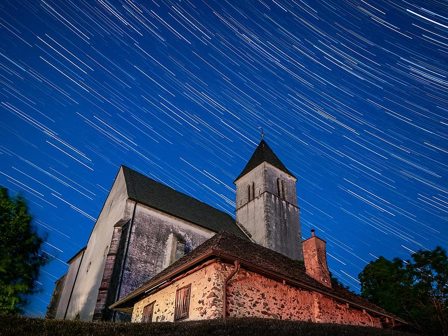 Iglesia, rastro de estrellas, noche, cielo, Magdalena, Austria, carintia, arquitectura, estrellas, cielo nocturno, cristianismo