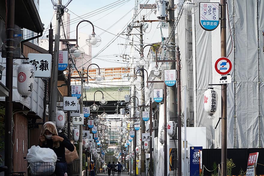 път, улица, в центъра, Осака, Япония, промишленост, транспорт, градски живот, пътуване, знак, архитектура