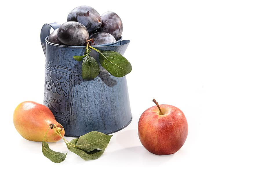 švestka, jablko, hruška, džbán, ovoce, bobule, sklizeň, jídlo, svěžest, zralý, list