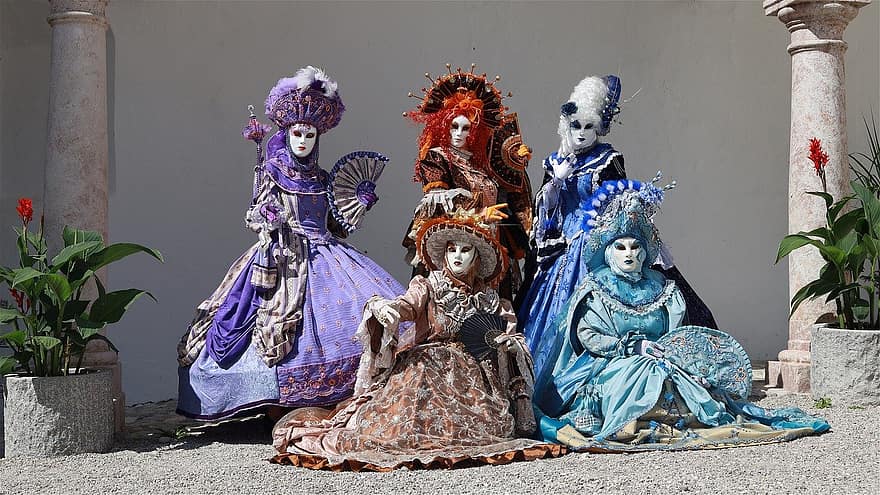 karnavalas, Venecijos karnavalas, kostiumas, maskuoti, festivalis, moterys, Venecijos kaukė, mįslingas, kultūros, suknelė, tradiciniai drabužiai