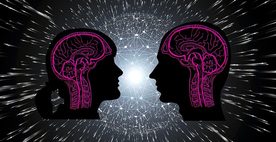 hjärna, tror, huvud, man, kvinna, silhuett, abstrakt, relation, par, konflikt, tankeprocess