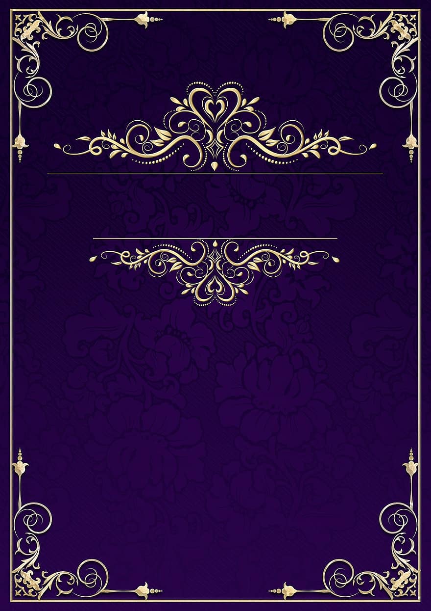 Frame, Decorated, Noble, Vintage, Ornaments, Invitation, Oriental, Damask, Gold, Purple, Pattern