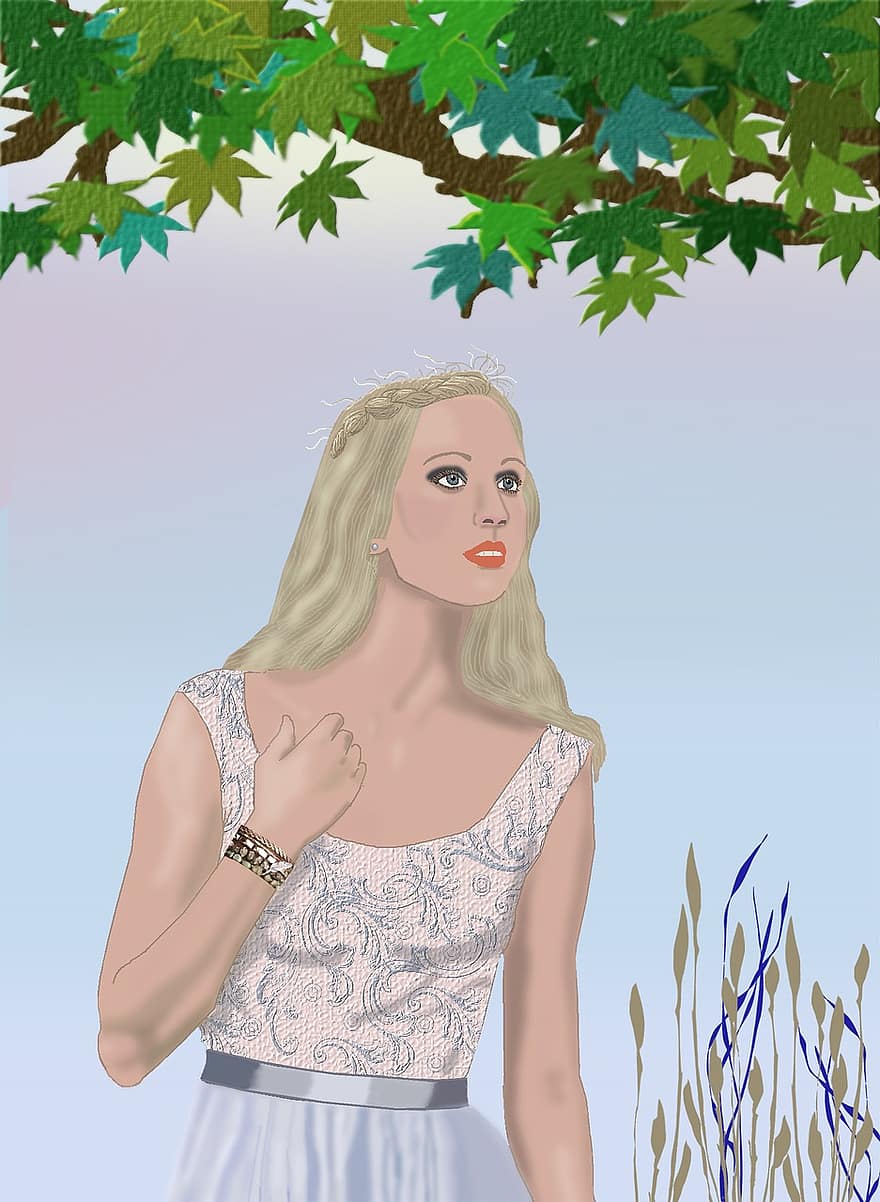 Jolie blonde femme, Jolie robe, les plantes