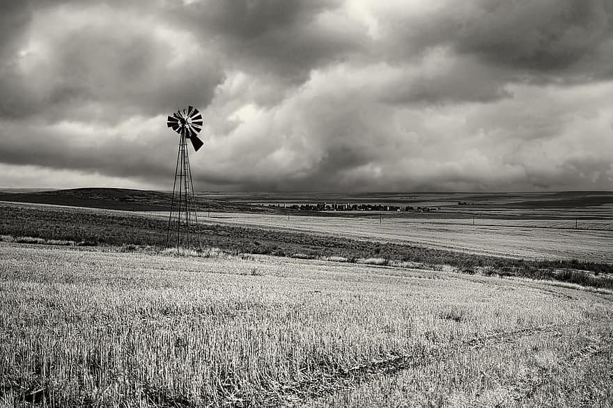 trigo, Campos, moinho de vento, Fazenda, agricultura, nuvens tempestuosas, tempestade, nuvens, rural, terras agrícolas, panorama