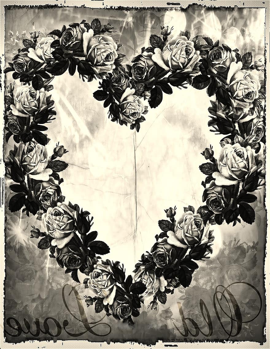 πλαίσιο, τριαντάφυλλα, καρδιά, αγάπη, παλαιός, ρετρό, αντίκα, μαύρο και άσπρο, γάμος, περίγραμμα, διακόσμηση