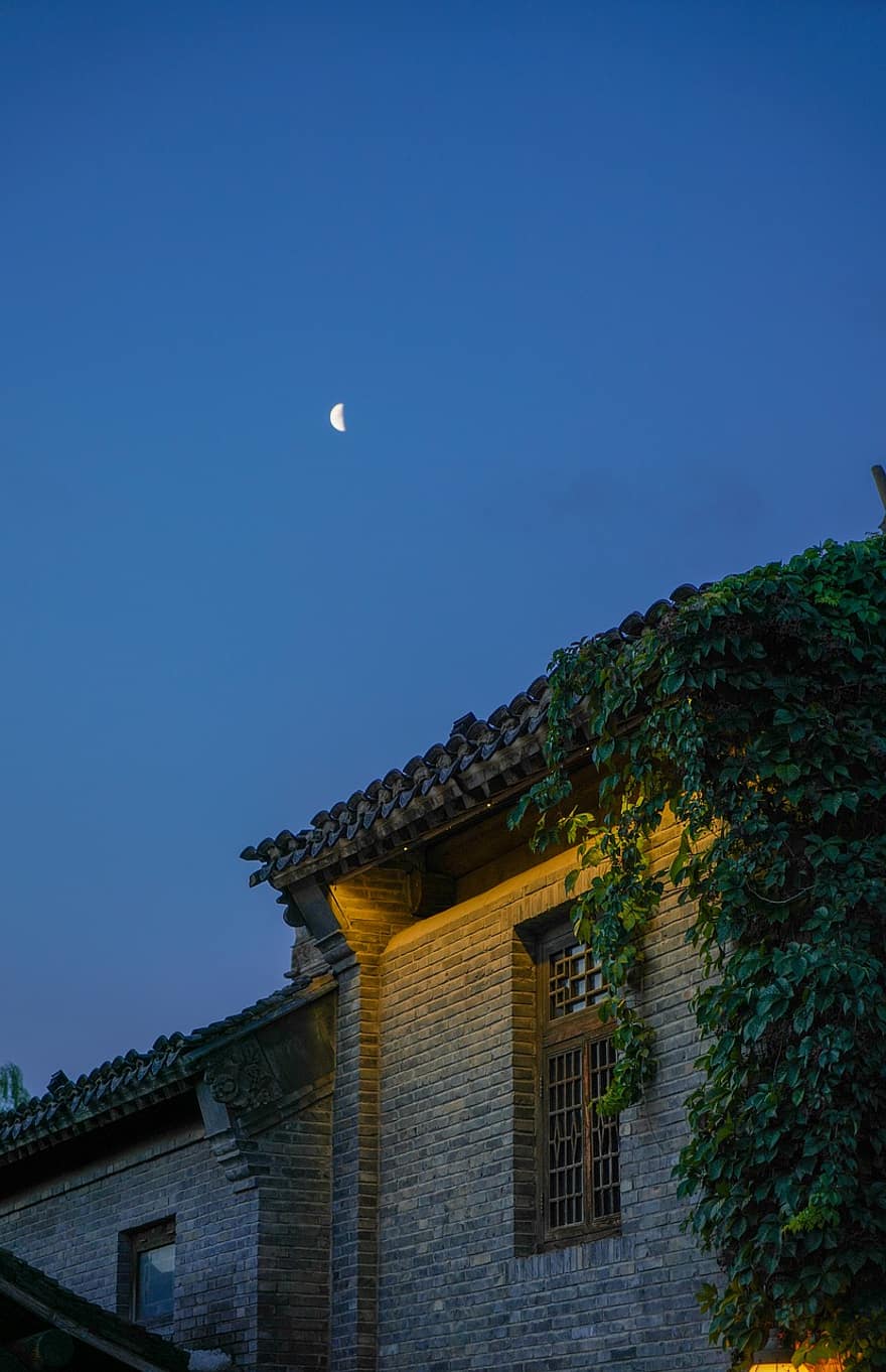 måne, hus, natt, Jiangnan
