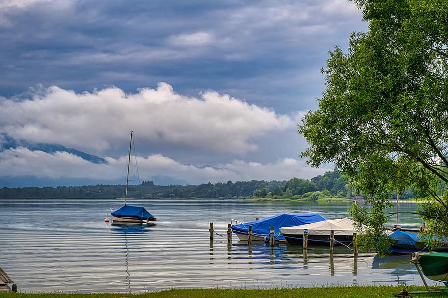 Landscape, Nature, Lake, Chiemsee, Upper Bavaria, Boats, Dock, Anchorage, View, Spieglung, Clouds