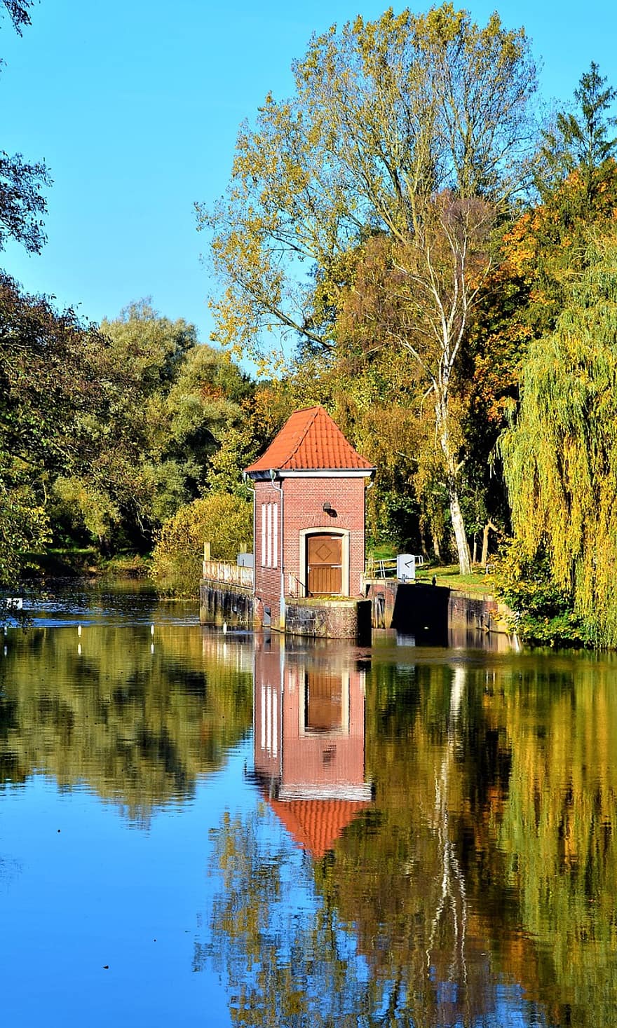 kilit evi, nehir, kanal, düşmek, sonbahar, Oste Nehri, Almanya