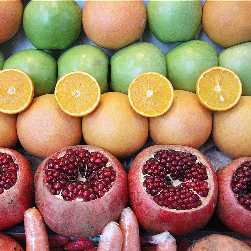 fruites, nutrició, orgànic, saludable, Magrana, llimona, poma, fruita