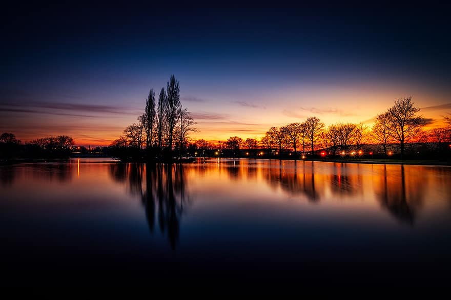 Pontefract, Park, Lake, Sunrise, Reflection, Yorkshire, Landscape, Trees, Water, Serene