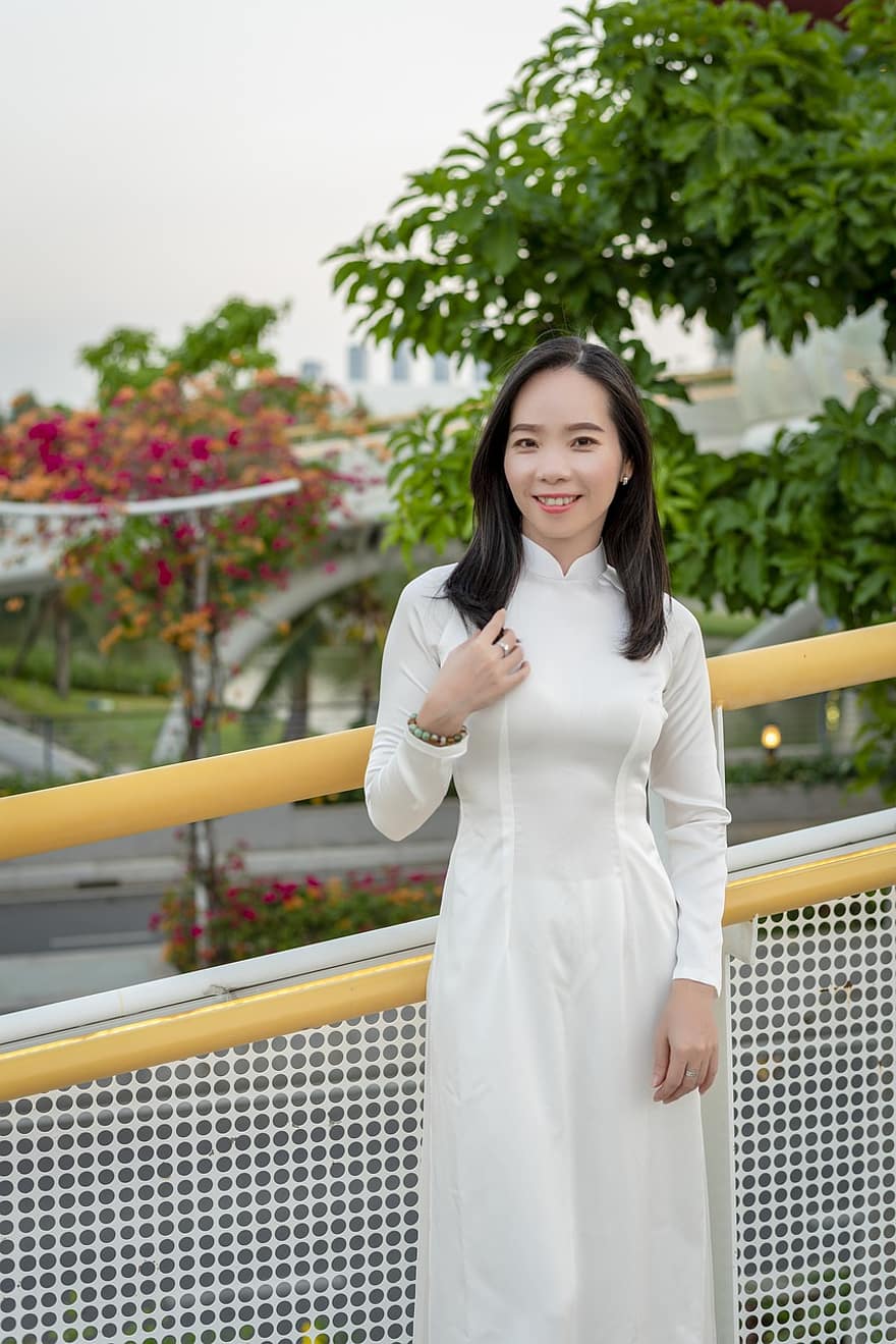 ao dai, móda, žena, Vietnamské národní šaty, bílé šaty, tradiční, dívka, Modelka, póza, vietnamština, portrét