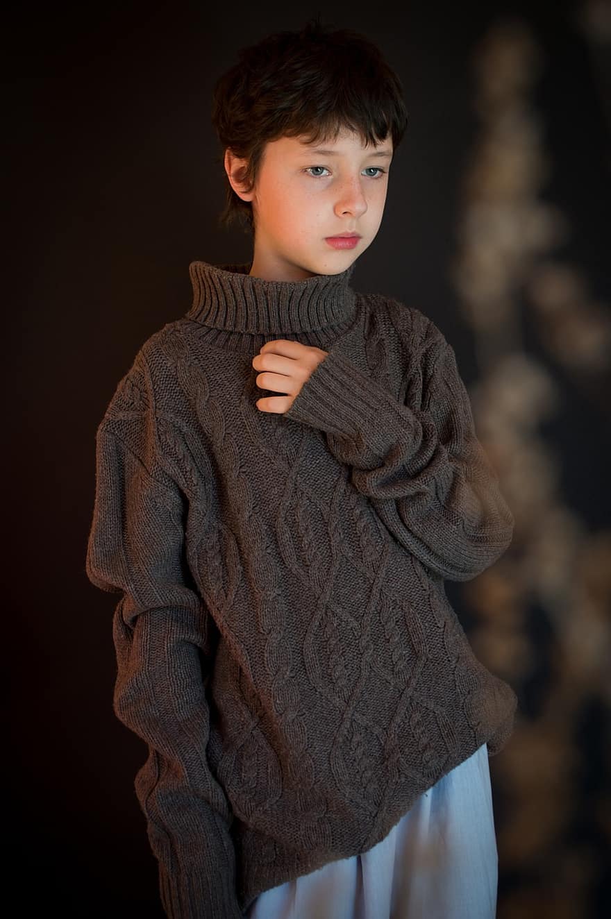 tenåring, modell, strikket genser, gutt, size, Kunst, studio bilde, ungdom, rolig, stil, estetikk