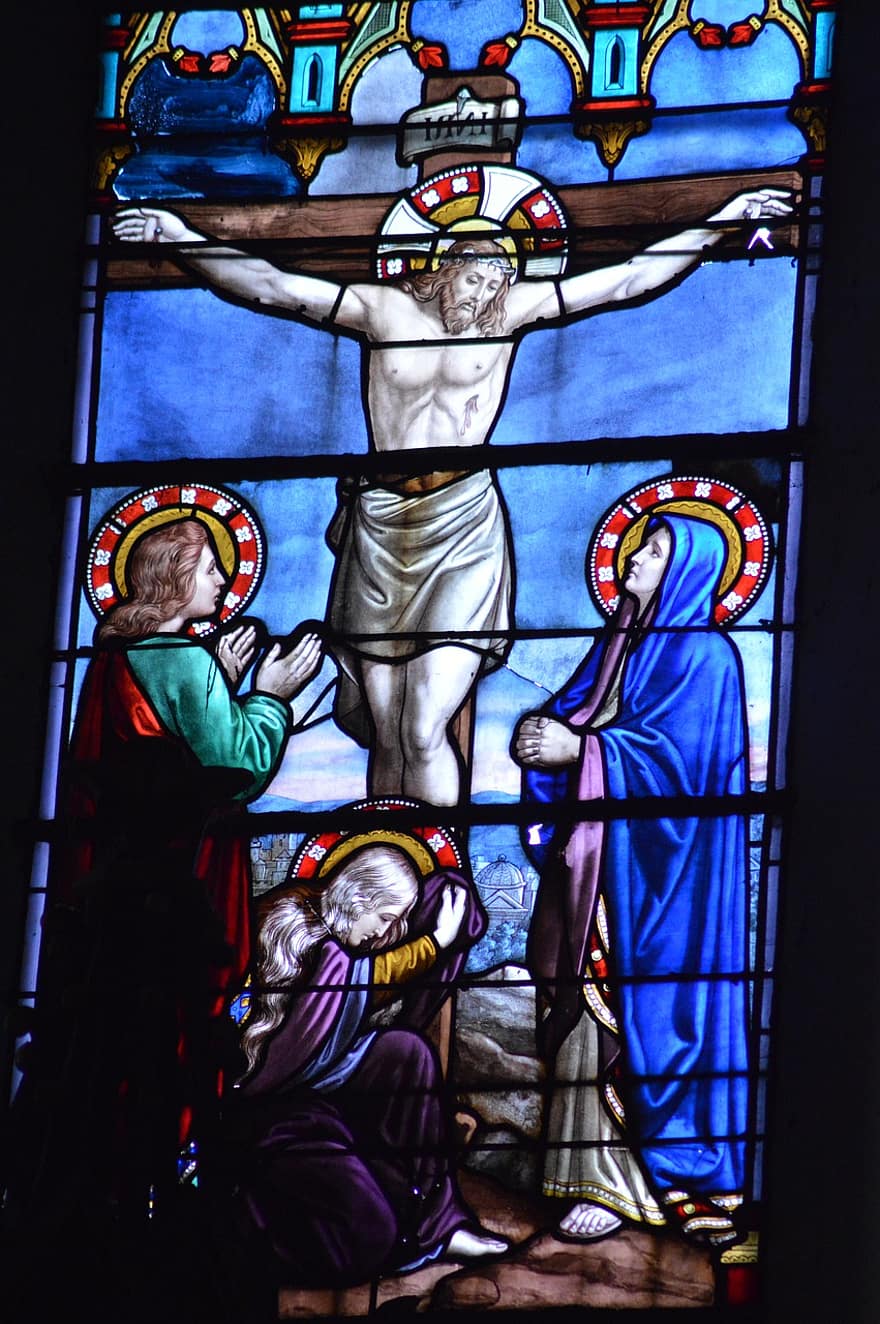 Stained Glass, Church, Window, Jesus, Crucified, Dead, Cross, Married, Jeans, Pain, Tears