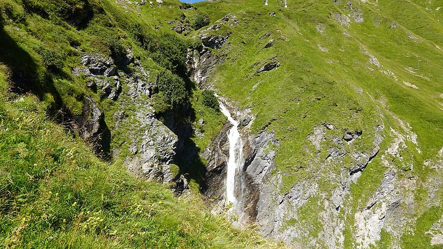 vandfald, kaskade, efterår, bjerg, mos, Mosyy, græs, Septimerpas, Graubünden, natur