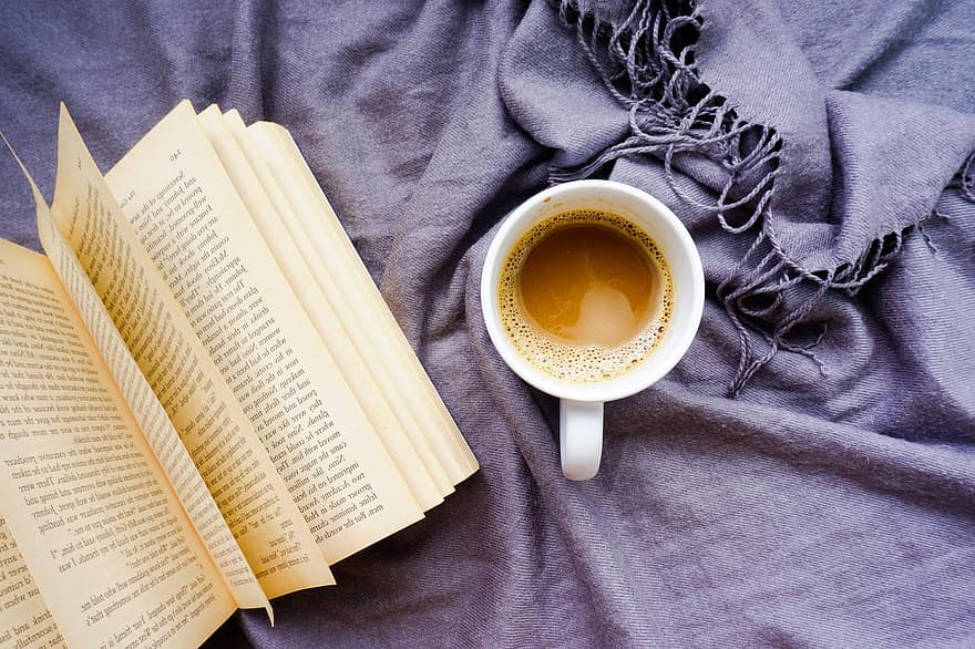 citind, cărți, citit, pagină, vechi, gât, masa, dimineata, cafea, cafenea, retro