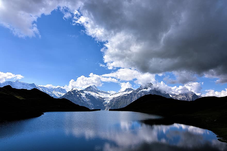 езеро, планини, природа, Швейцария, bachalpsee, облаци, небе, вода, размисъл, мрачен
