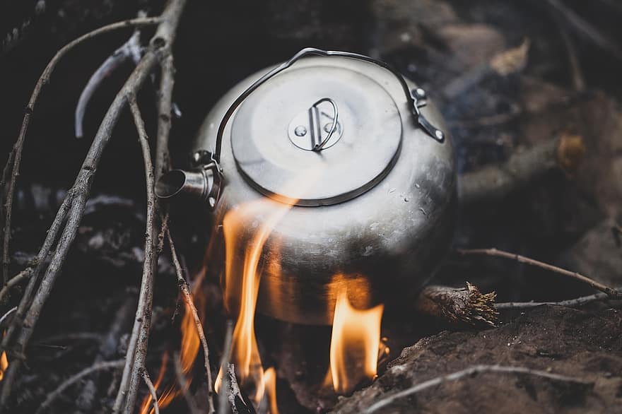 Camping, Campfire, Campsite, Boiling Water, Nature, Teapot