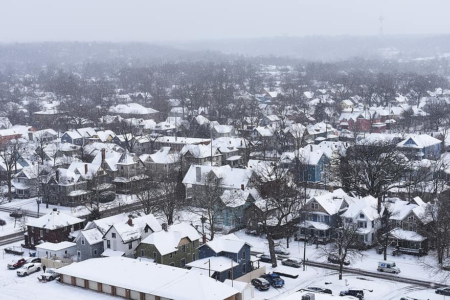 Town, Winter, Usa, Snow, Neighborhood, Houses, roof, cityscape, high angle view, architecture, building exterior