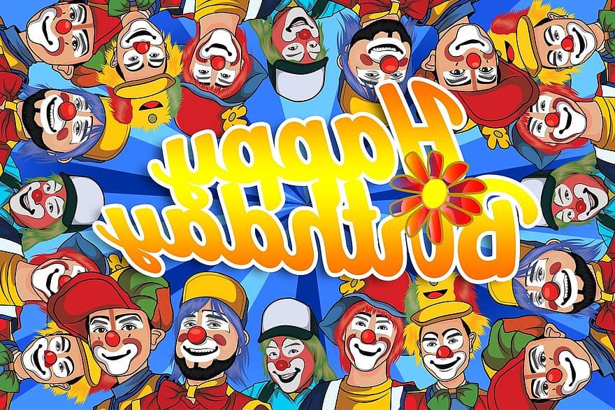 anniversaire, clowns, marrant, carte de voeux, carte, salutation, toutes nos félicitations, sourire, rire, décoration, de bonne humeur