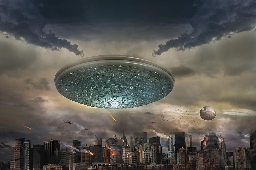 fantazie, sci-fi, město, zničení, mimozemšťané, loď, UFO, válka, futuristický, mrak, nebe