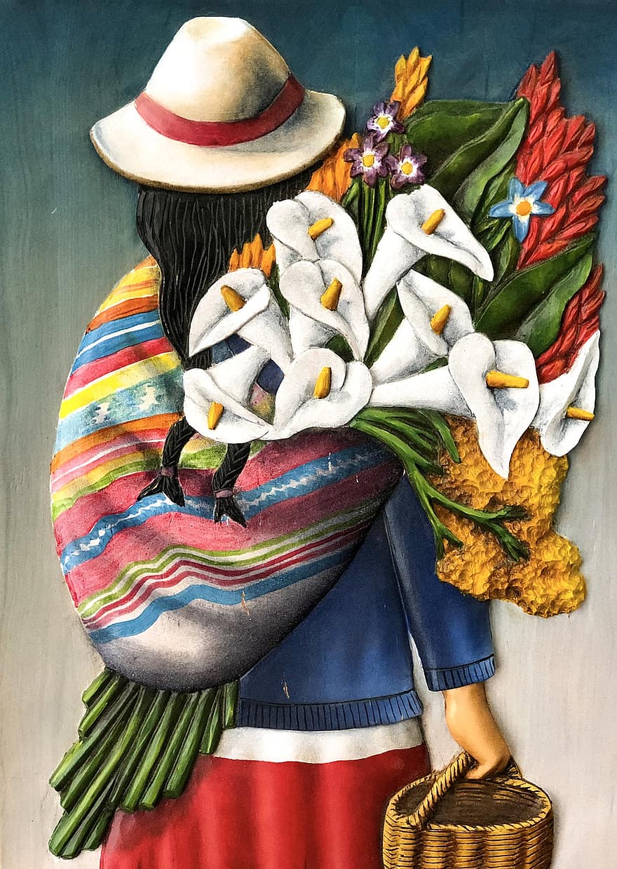 femeie, pictură, Peru Art, opera de arta, fată, Femeie, flori, din spate, portret, proiecta, decorativ