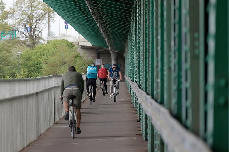 bandă, bicicliștilor, oameni, pod, Bandă pentru cicliști, ciclism, transport, biciclete, perspectivă, bărbați, bicicletă