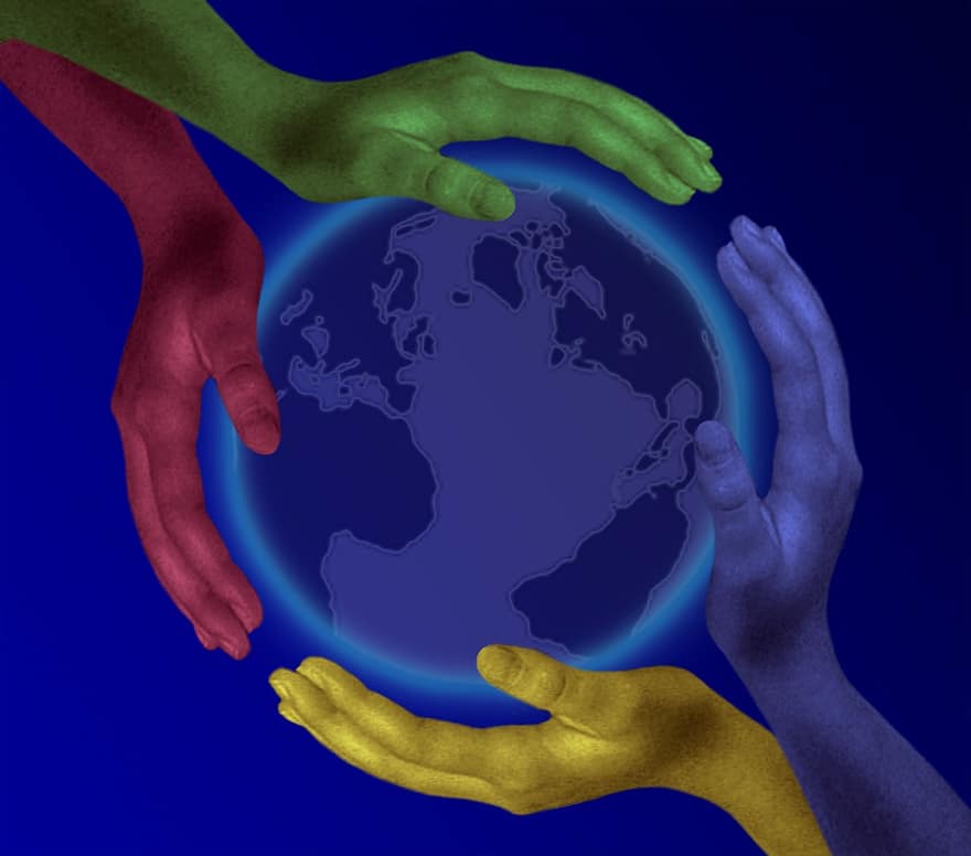 планета, Руки, Международный, земной шар, синий, красный, зеленый, желтый