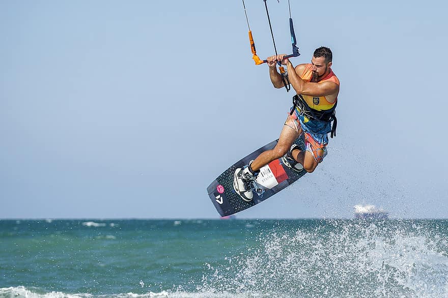 Mann, borde, hav, kite surfing, vannsport, Drage, kite boarding, vann, surf, kite surfer, vind