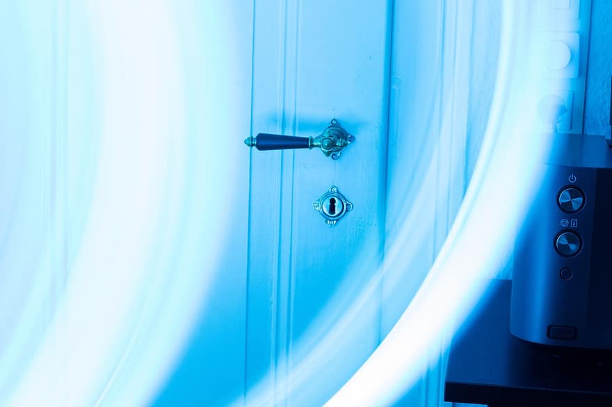 dörr, blå dörr, lätta strimmor, Inre utrymme, belysning, blå, inomhus, teknologi, bakgrunder, inhemska rum, modern