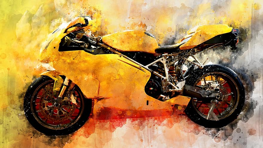 motociklu, akvarelis, motocikls, transportu, motorolleris