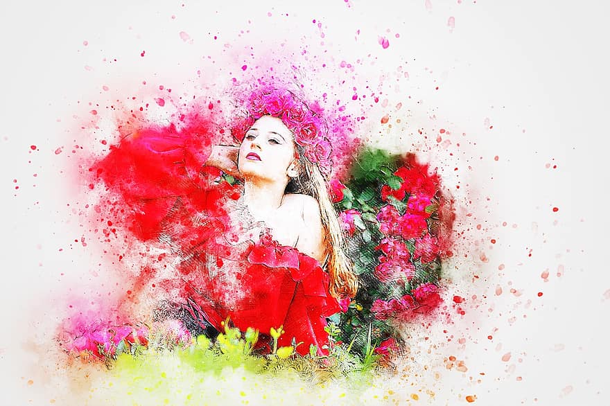 Girl, Wreath, Flowers, Art, Nature, Abstract, Watercolor, Vintage, Spring, Romantic, Artistic