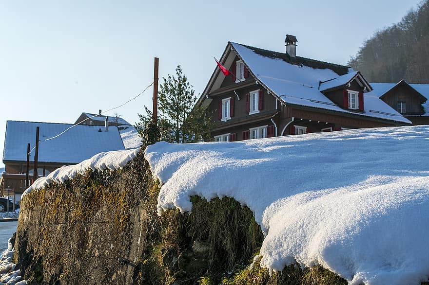 huis, dorp, winter, muur, sneeuw, sneeuwjacht, gemeenschap, architectuur, koude, vorst, Morschach